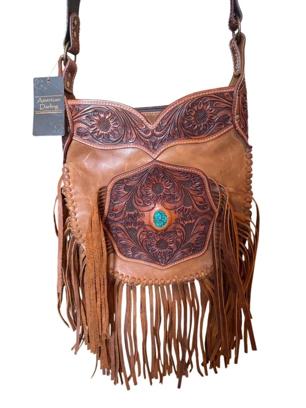 American Darling Tooled Leather Fringe Crossbody Bag NWT Western Nashville Rodeo